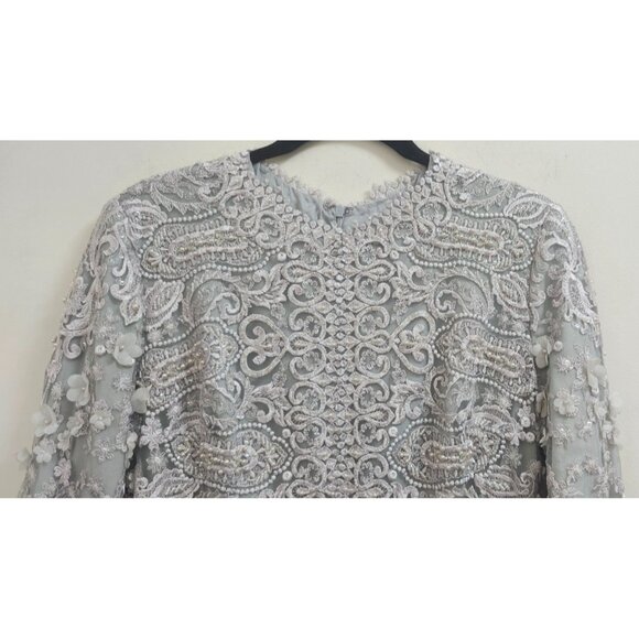Gemy Maalouf Lace Evening Gown Light Grey Embroidered Long Sleeve Slit Front 12 - Picture 6 of 16